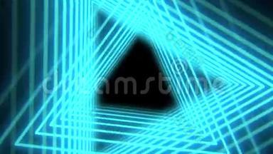 未来主义的抽象背景与霓虹<strong>蓝光</strong>三角形，无缝循环。霓虹灯的几何形状和线<strong>条</strong>。4公里
